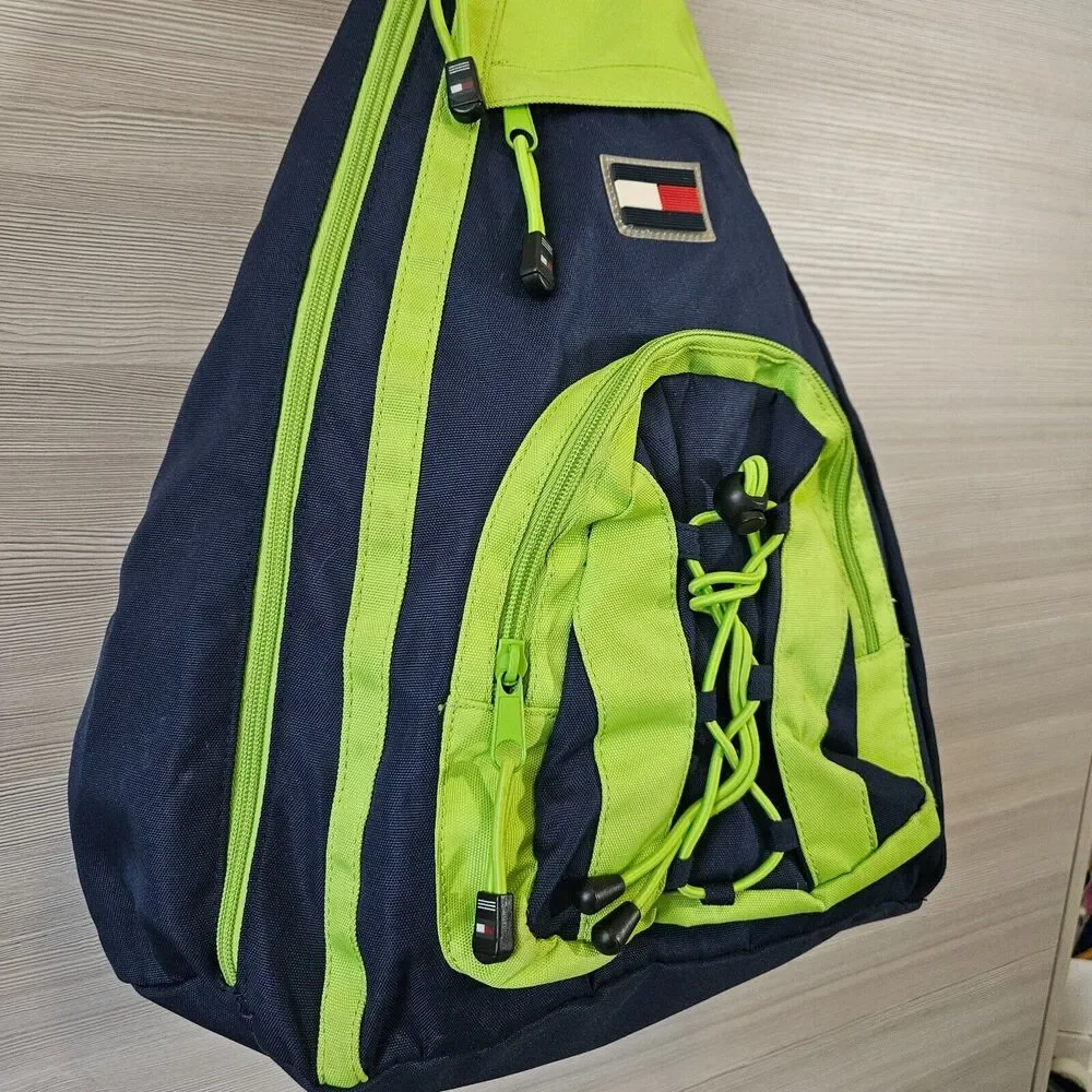 Tommy Hilfiger‎ Logo Blue Lime Green Crossbody Sling Ergo Bag Backpack Vintage
